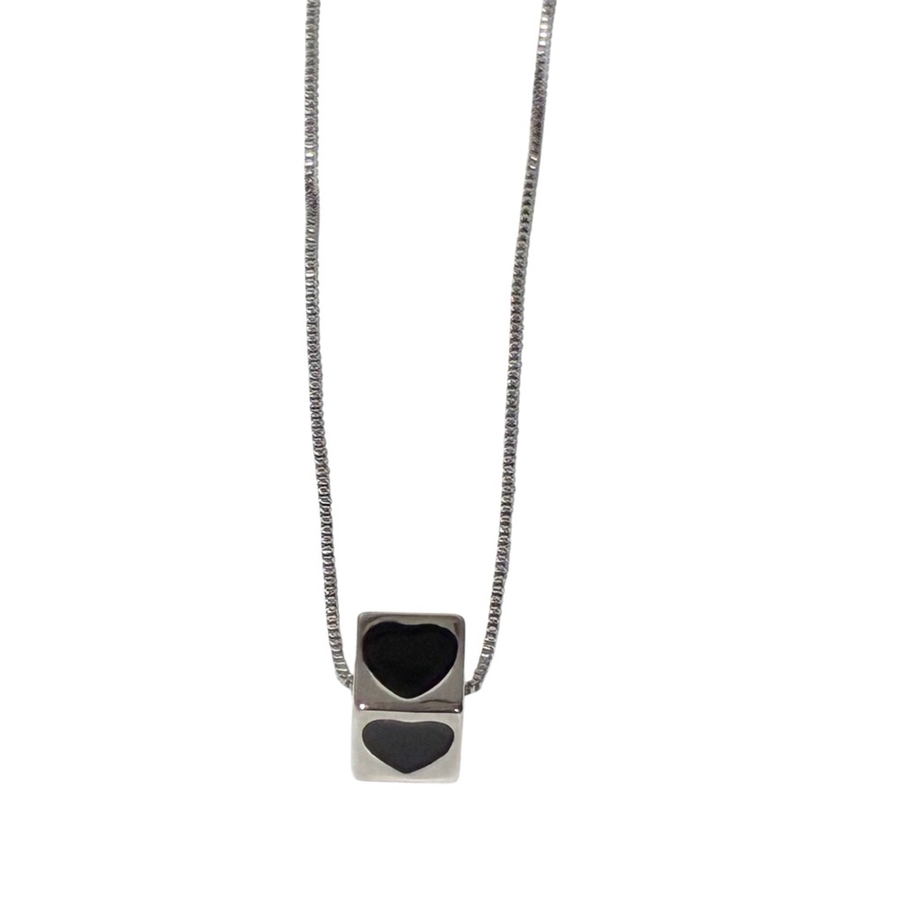 925 Sterling Silver Black Cube Heart Necklace Jewelry